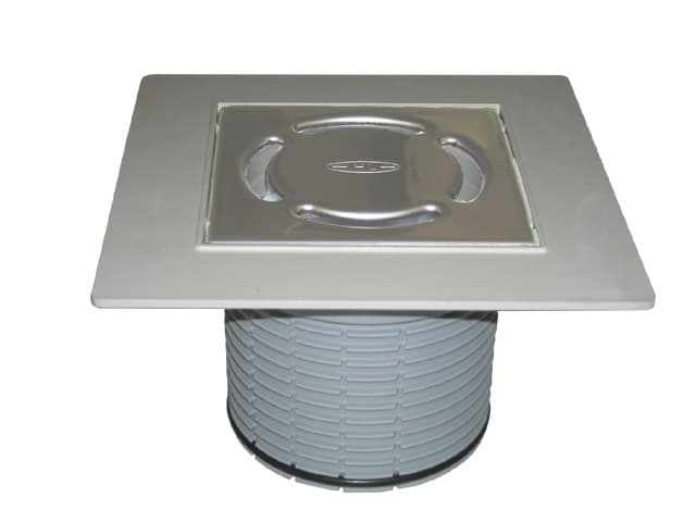 Aufsatz d 110 mm mit Geruchsverschluss Primus blue und PVC-Kragen 185x185 mm / Edelstahlrost 115x115 mm